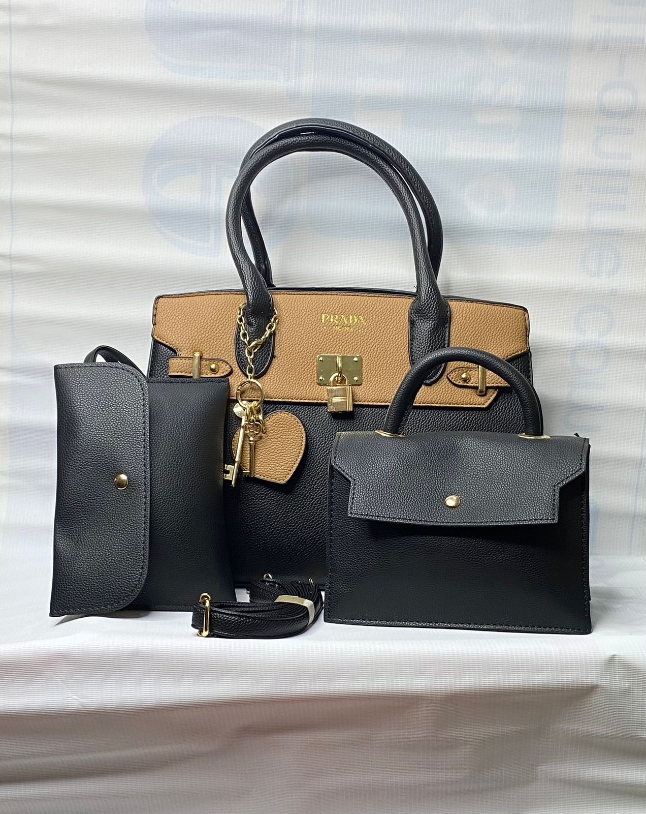 3 Piece Black & Beige Big Tote Bag